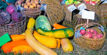 At a village cart are for sale at the fair variety of vegetables: pumpkin, onions, beets, zucchini, and green twigs.