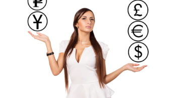 Modern young business woman standing and currency manipulation. Businesswoman juggling. Active business lady dressed in white. White background. Businesswoman holding hands on the similarity scales.